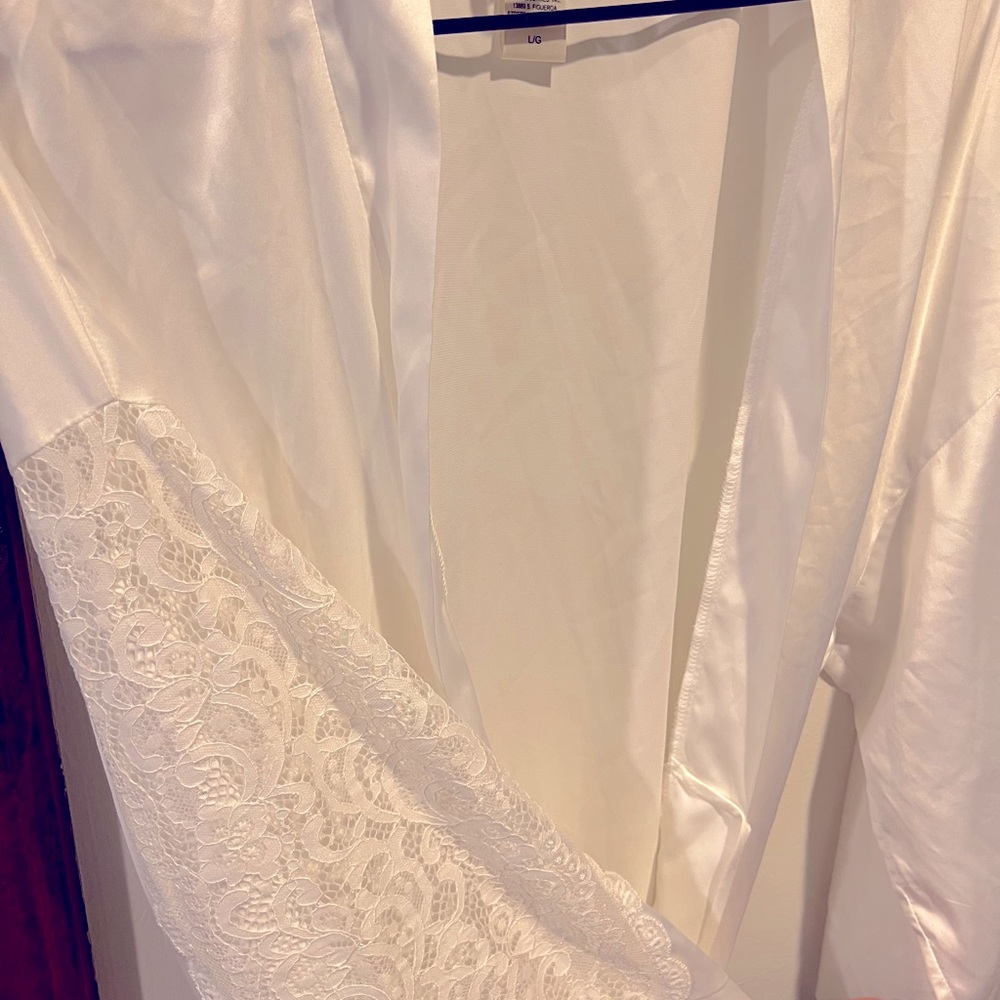 White satin bridal robe with lace